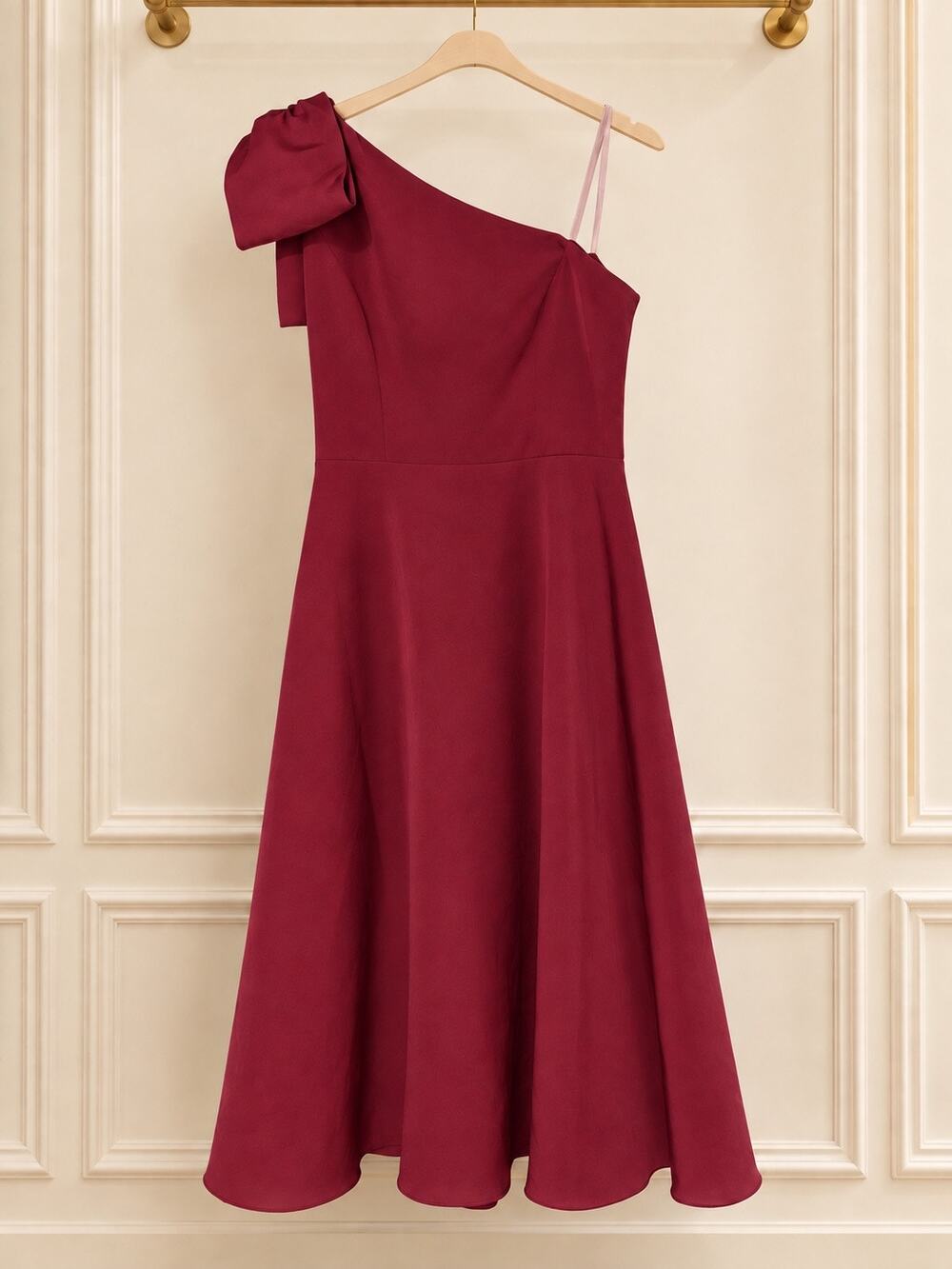 Gal Meets Glam Crimson Red One Shoulder Bow Fit & Flare Midi Dress Size 10 NWT